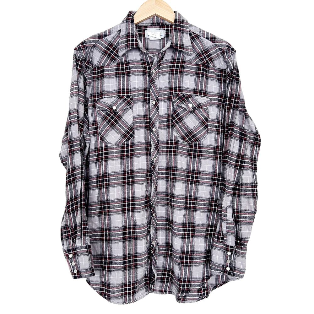 Wrangler Wrancher Pearl Snap Black Gray Plaid Shirt Sz XLT